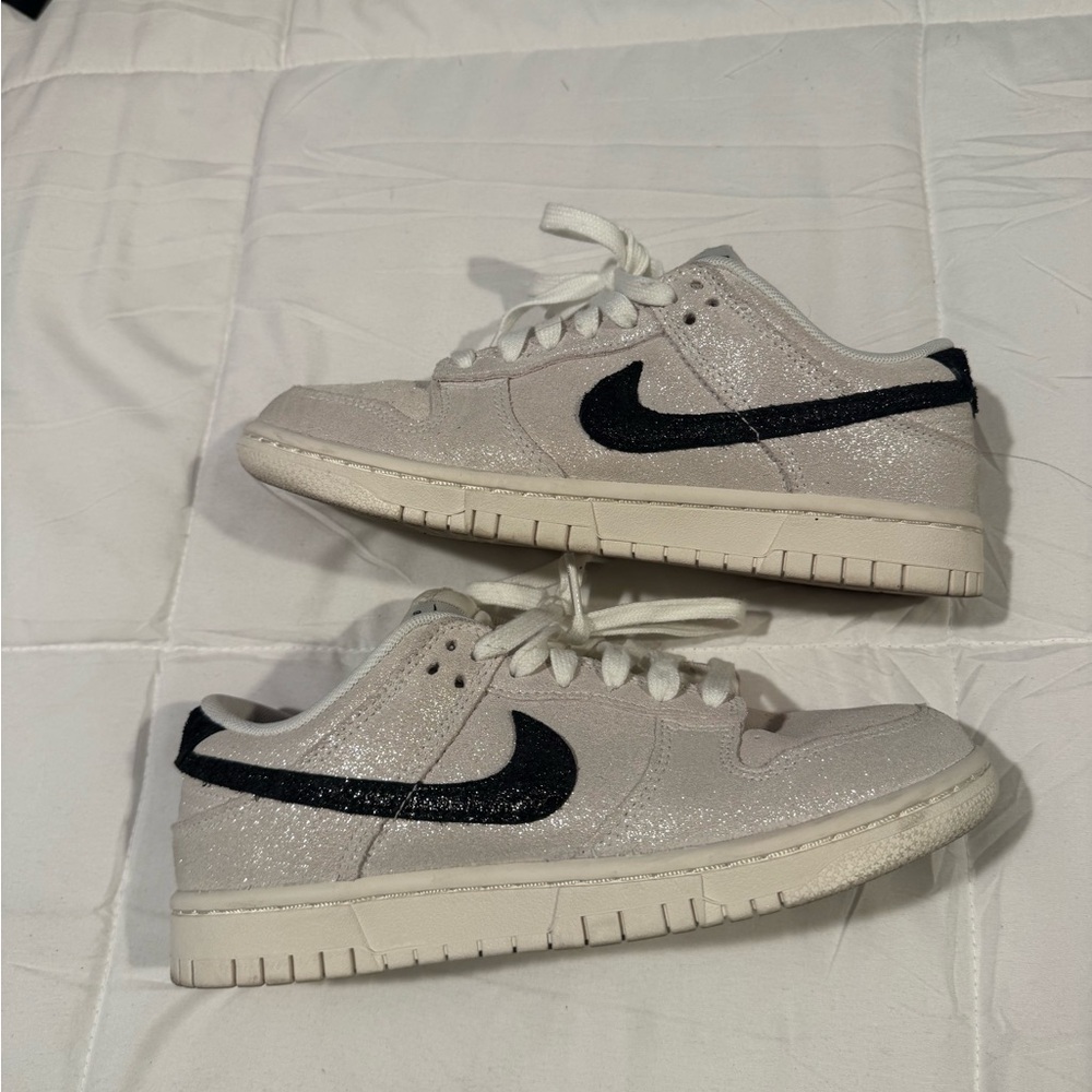 Nike White Glitter Low Top Sneakers with Black Swoosh